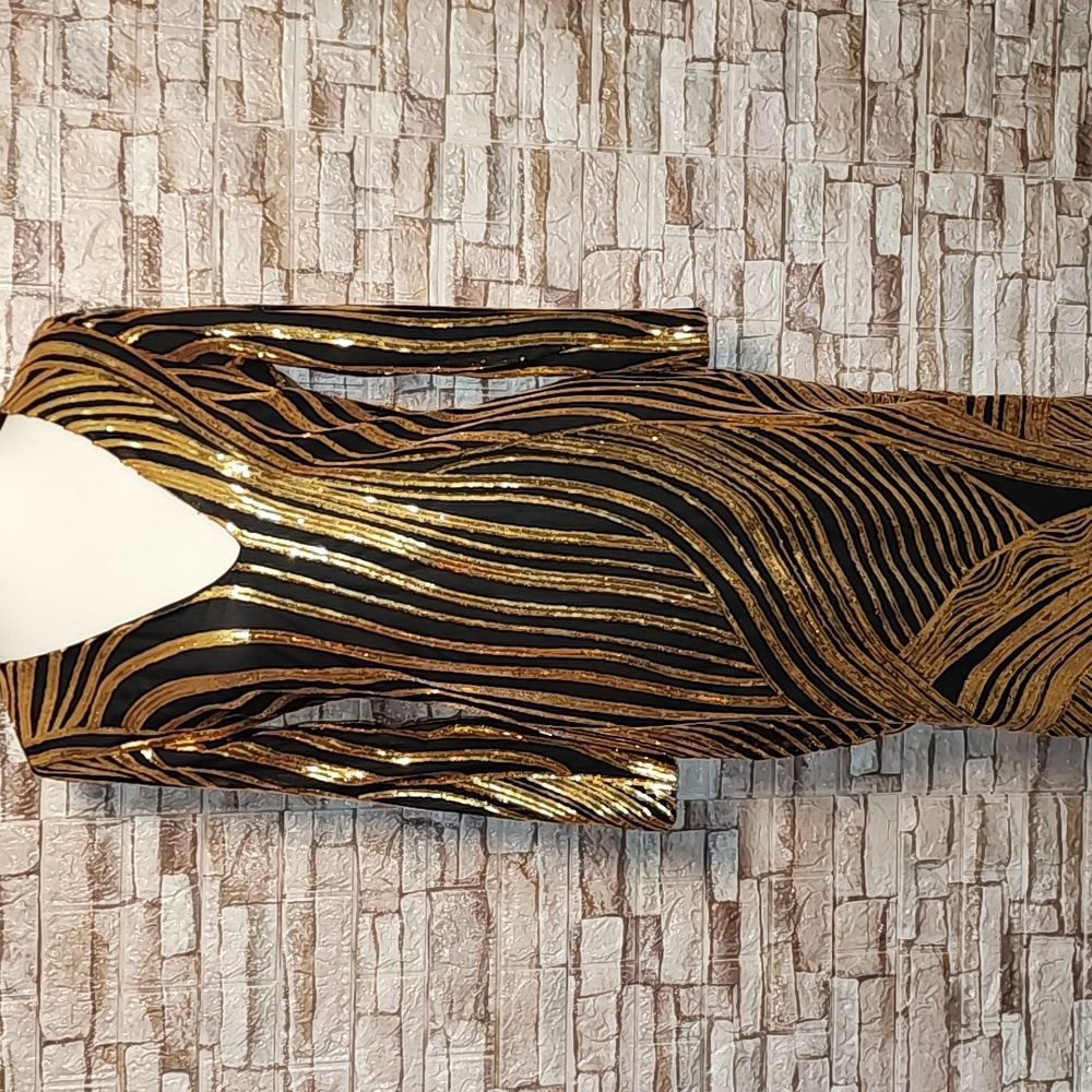 Bebe Elegant V- Neck Gold and Black Sequin Dress